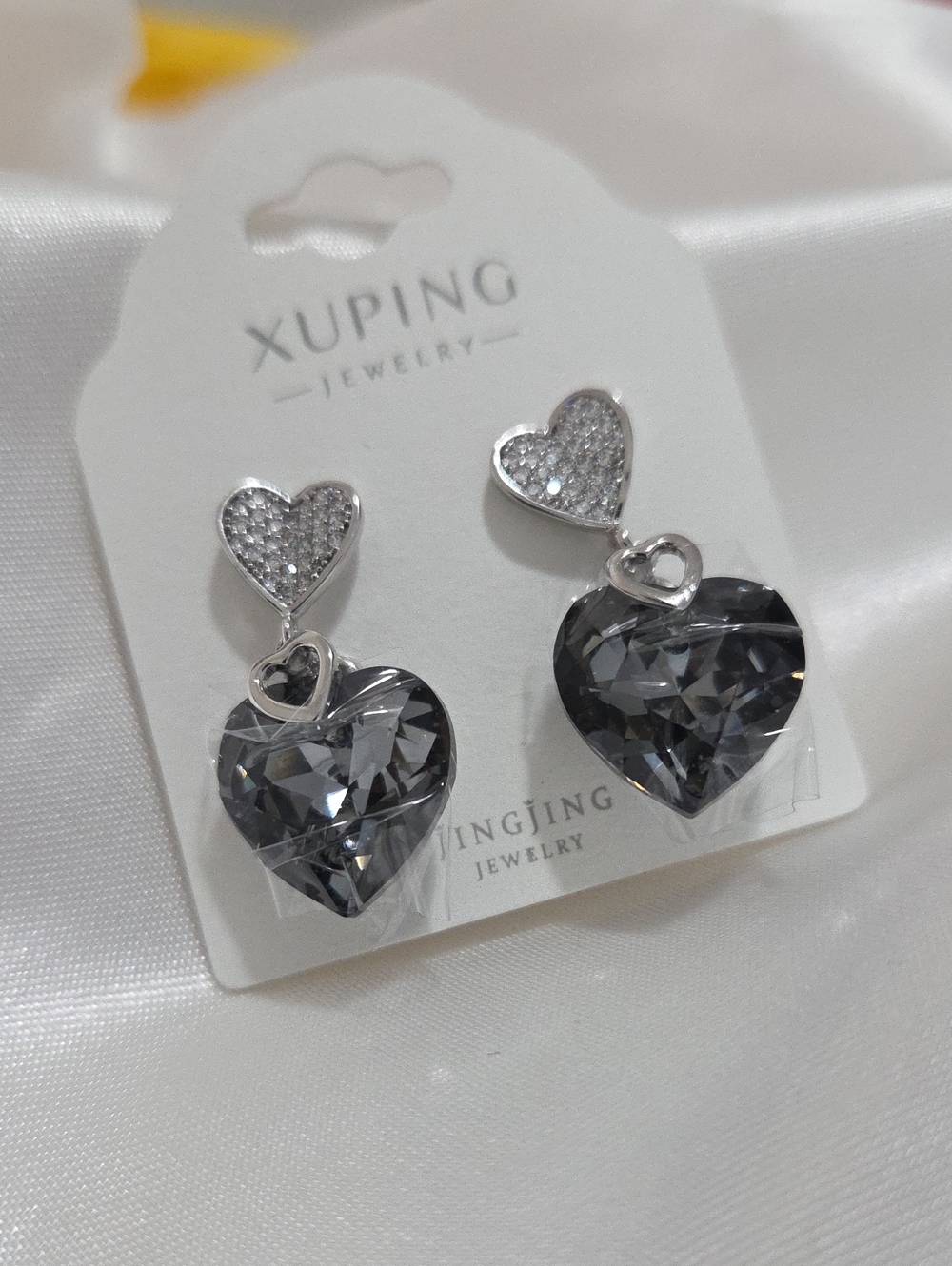 14K Laminated Silver Heart Drop Earrings with Purple Gray Crystal Hearts